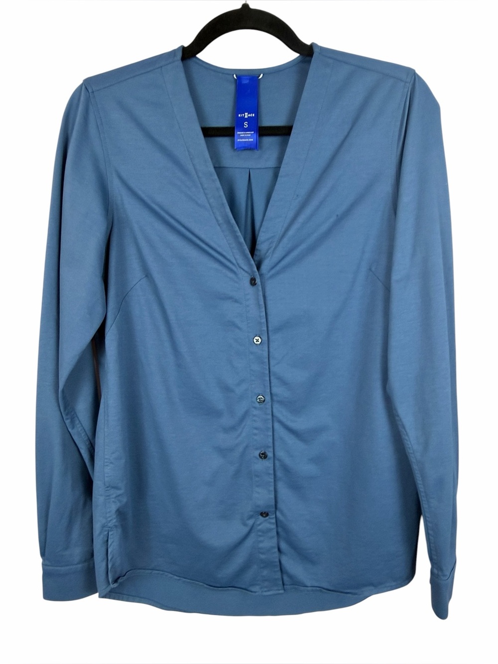 Kit and Ace Blue V-Neck Button Front Blouse Small Long Sleeve Stretch Top